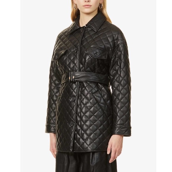 NEW Topshop Quinn Quilted Trench Jacket Black Faux Leather Belted Puffer Size 4 - Picture 9 of 9